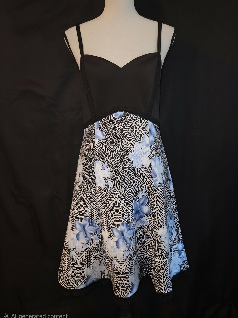 GUESS Mixed Print Floral Geometric Fit & Flare Sweetheart Dress Black Blue
